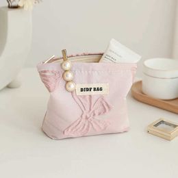 Cosmetic Organiser Womens Makeup Bag Small Pink Bow Makeup Lipstick Headphones Storage Bag Portable Coin Purse Commuter Card Holder Ins Style Y240503