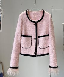 2022 Autumn Round Neck Tweed Panelled Jacket Pink Contrast Colour Long Sleeve SingleBreasted Feather Contrast Trim Jackets Coat Sh9245730