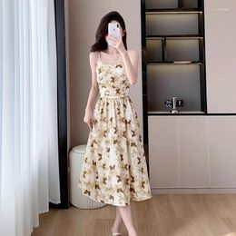 Work Dresses Summer 2024 French Style Flounced Print Sleeveless High Waist Spaghetti Strap Shirring Top Shirt Skirt Suit