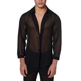 Men's Casual Shirts Mesh Shirt Men Lapel See Through Sexy Stylish Button 2024 Camisa Long Sleeve Transparent Party Nightclub S-4XL