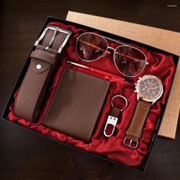 Нарученные часы Shaarms Men Gift Watch Business Luxury Company Mens Set 6 в 1 Glasses Pen Coolchain Belt Swork Wesmploard Grone