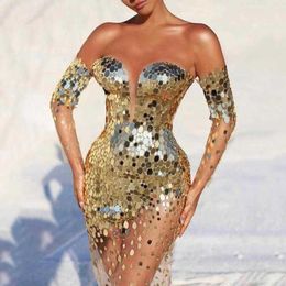 Women039s Clothing Casual Dresses Gold Sequined For Women Strapless Illusion Off The Shoulder Bodycon Dress Female Sexy Night C5764483