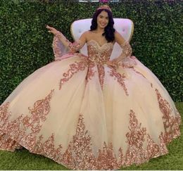 Rose Gold Sparkly Quinceanera Prom Dresses 2020 Modern Sweetheart Lace Applique Sequins Ball Gown Tulle Vintage Evening Party Swee5329428