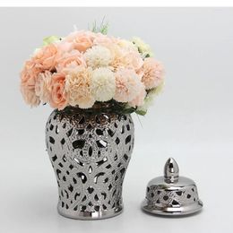 Vases Vintage Ceramic Ginger Jar Silver Hollow Dried Flower Vase Modern Home Decor Living Room Storage Arrangement Accessories