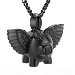 IJD9732 Stainless Steel Cremation Black Flying Pig Cremation Souvenir Necklace for Ashes Urn Keepsake Memorial Pendant Jewelry3390499