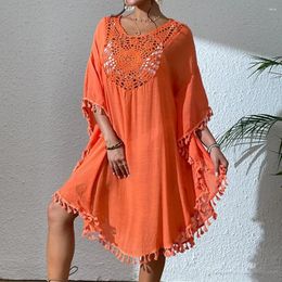 Elegant Hollow Design Top Fringed Bikini Cover Up Stylish Beach Dress For Women O-neck Half Sleeve Swimsuit