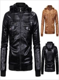 S3XL Winter Warm Men Slim Standing Collar Leather Hoodie Jacket Man Coat With Cap Overcoat High Quality Black Yellow 16035381860