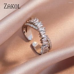 Wedding Rings ZAKOL Elegant Baguette Zircon X Shape Open For Women Shiny Crystal Engagement Ring Jewellery
