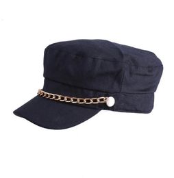 2017 New Women Military Hats with Gold Metal Chain Students Solid Curved Brim Flat Top Baseball Cap1501820
