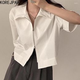 Women's Blouses Korejpaa Casual Women Shirt 2024 Summer Turn-down Collar Double Zippers Woman Clothing Korean Style Short Sleeve Top