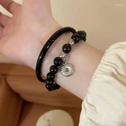 Bangle Vintage Design Black Bead Bracelet Light Luxury Elastic Pendant Chain Couple Bracelets Girls Women Jewellery Accessories