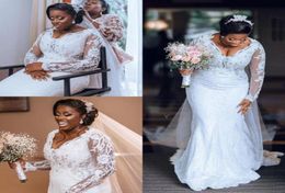 Gorgeous 2021 White African Mermaid Wedding Dresses Lace Plus Size Full Sleeves Appliques Beaded Vestidos De Novia Long Bridal Gow9747407