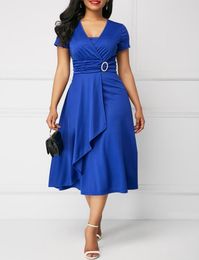 Summer Elegant Mother039s Short Sleeve Royal Blue Temperament Fashion Asymmetric Dress 5XL Bandage Waist Office Midi Casual Dre2302939