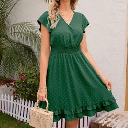 Casual Dresses Summer Short Sleeve Ruffle For Women Solid Colour Elastic Waist Beach Party A Line Dress Elegant Flowy Midi