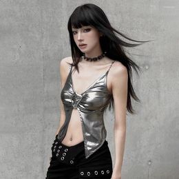 Women's Tanks Women V-Neck Metallic Silver Punk Crop Velvet Slim Fit Sexy Camisole Top One Size