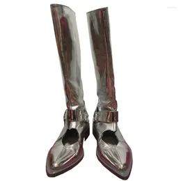 Boots Women Back Zipper Knight Shoes Comfort Hollow Chunky Heel Leather 2024 Female Fashion Silver Pointed Toe Knee High