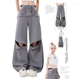 Women's Pants Gray Cargo Female 2024 Summer Casual Original Retro Multi Zip Pocket Two Wear Design Drawstring Oversized Trousers