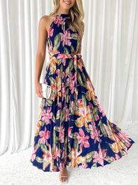 Bohemia Floral Print Sleeveless Pleated Maxi Dress Women Causal Halter Sashes Vintage Summer 240424