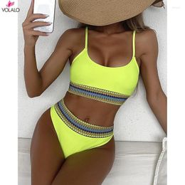 Women's Swimwear VOLALO High Waist Bikinis One Shoulder Swimsuit Contrast Trim Women Solid Sexy Biquini Set 2024 Bathing Suit