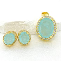 Necklace Earrings Set Oval London Blue Synthetic Tourmaline Pendant Statement Jewelry