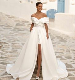 Elegant Short Satin Off Shoulder Wedding Dresses with Detachable Train Sheath Pleated Vestido de novia Zipper Back Watteau Train Bridal Gowns for Women