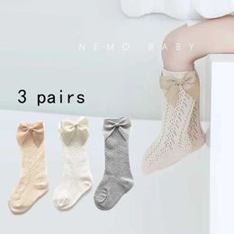 Kids Socks 3 pairs of baby girl bow ties and large mesh knitted socks cotton blend knee length socks comfortable breathable and soft Y240504