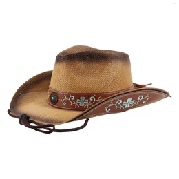 Berets Cowboy Hat Roll Up Brim Embroidery Floral Women Men Outdoor Sun Hats For Camping Festivals Street Stage Performance