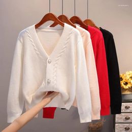 Women's Polos 2024 Lazy Style Loose V-neck Knitted Cardigan Small Fresh Long Sleeved Sweater Coat
