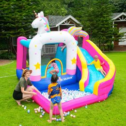Inflatable Water Slide Bounce House the Playhouse for Kids Outdoor Park Bouncy Castle with Waterslide Unicorn Theme Bouncer with Blower for Wet and Dry Pool Ball Pit