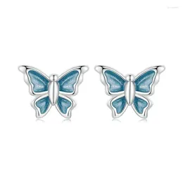 Stud Earrings Blue Butterfly Girl Silver 925 Sweet Gold Plated Pendant Jewellery Casual High Quality