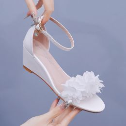 Women High Heels Summer Shoes White Flowe Wedding Dress Wedges Ankle Strap Straw Platform Sandals WLX06