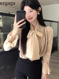 Women's Blouses Ezgaga Women Shirts Bowknot French Style Chic Velvet Spring Fashion Flare Long Sleeve Vintage Elegant Ladies Sweet Blouse