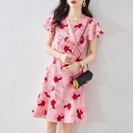 Party Dresses Women's Elegant Fashion Floral Printing Sweet Vestidos Ladies Short Sleeve Slim Casual Waist Robe Female Vintage Dress L58