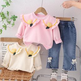 Clothing Sets 2Pcs Set Baby Girls Suit Cotton Long Sleeve Shirt Denim Pants Children Tulip Flower Embroidery Kids Clothes Spring