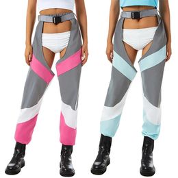 Womens Sexy See Through Buckles Bottomless Pants High Waist Hollow Out Crotchless Pants Rave Chaps Cargo Trousers Streetwear 240424