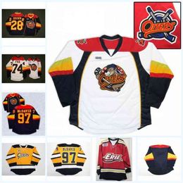 CeoThr Mens Erie Otters 74 Dane Fox 97 Connor McDavid 28 Connor Brown 100% Embroidery cusotm any name any number Hockey Jerseys Navy White Yellow