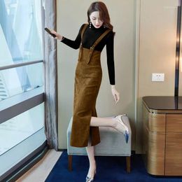 Work Dresses 2024 Women Autumn Winter 2 Piece Sets Female Long Sleeve Knitted Pullover Tops Corduroy Dress Ladies Suits O439