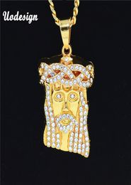 Uodesign HIP Hop Iced Out Crystal JESUS Christ Piece Head Face Pendants Necklaces Gold Chain for Men Jewelry9610427