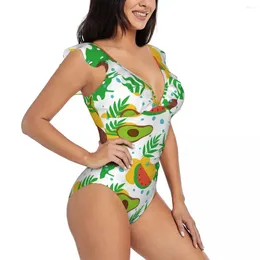 Women's Swimwear Ruffled One-piece Swimsuit Women Fruits Pineapple Avocado Sexy Lace Up Monokini Girl Beach Bathing Suit