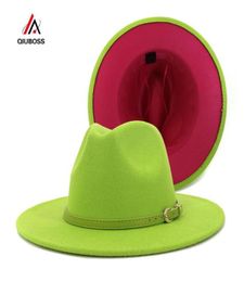 Fashion Outer Lime Green Inner Rosy Patchwork Womens Wide Brim Felt Hats Lady Panama Vintage Unisex Fedora Hat Jazz Cap L XL6719627545114