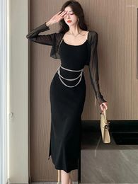 Casual Dresses Spring Autumn Black Mesh Shirt Elegant Chain Chic Sling Dress Two Piece 2024 Women Korean Vintage Luxury Party Suits