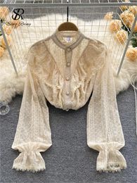 Sirreiny elegante blusa francesa Mulheres temperamento temperamento doce tops casuais soltos Spring Sleeve STREETHEAY CHAMISTAS BRANCAS 240424
