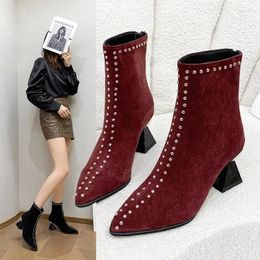 Boots Ankle For Women 2024 Winter Fashion Pointed Toe Women's 42 Size High Heels Simple Elegant Ladies Dress Shoes