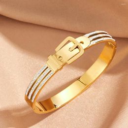 Bangle Personality Belt Shape For Women Luxury Inlaid Zircon Stainless Steel Gold Plated Jewelry Men Spring Buckle Bracelet Gift