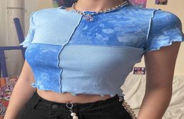 2020 Egirl Y2k Chic Crop Tops Tees Tie Dye With Sequin Patchwork Women Summer Tshirts Ruffles Hem Purple Or Bule Clothes4466491