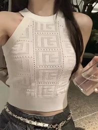 Women's Tanks Zik Hekiy Women Y2K Round Neck Halter Tops Sexy Knitted Hollow Out Ribbed Crop Pattern Printed 2024 Summer