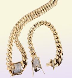 Mens Miami Cuban Link Bracelet Chain Set 18k Gold Plated 14mm Diamond Clasp236A4761834