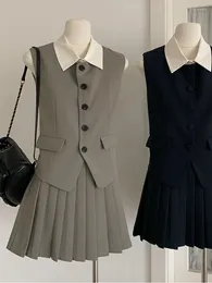 Work Dresses Preppy Style Outfits 2 Piece Skirt Set Office Lady Polo-Neck Blouses Sleeveless High Waist Pleated Elegant Quality