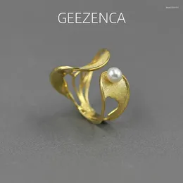 Cluster Rings GEEZENCA 925 Sterling Silver Pearl Turquoise Hollow Irregular Geometric Ring For Women Designer Chic Open 2024 Gift