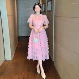 Party Dresses French Sweet Pink Lace Dress Elegant Women's 2024 Spring Summer Bubble Sleeve Cake Luxury Designer Mesh High Waist